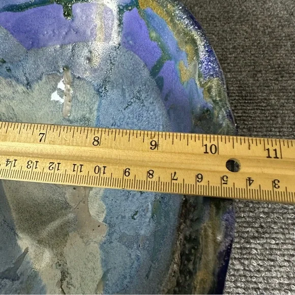 Vintage pottery bowl drip glaze cobalt purple angular centerpiece fruit 10x10x4 - Picture 9 of 10